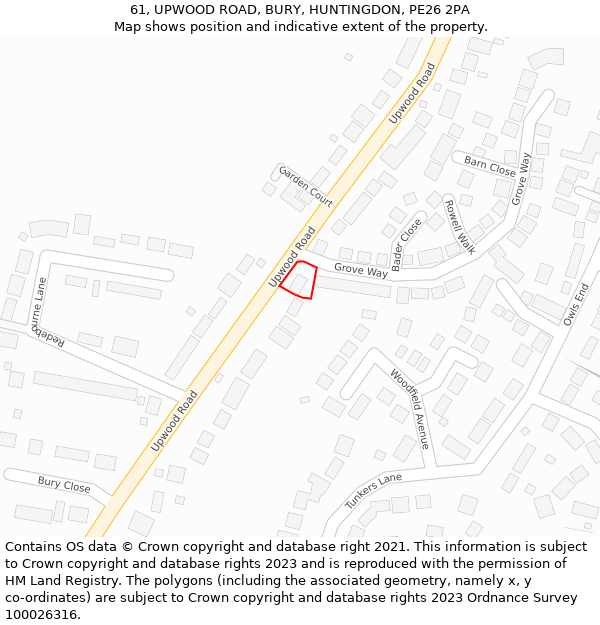 61, UPWOOD ROAD, BURY, HUNTINGDON, PE26 2PA: Location map and indicative extent of plot