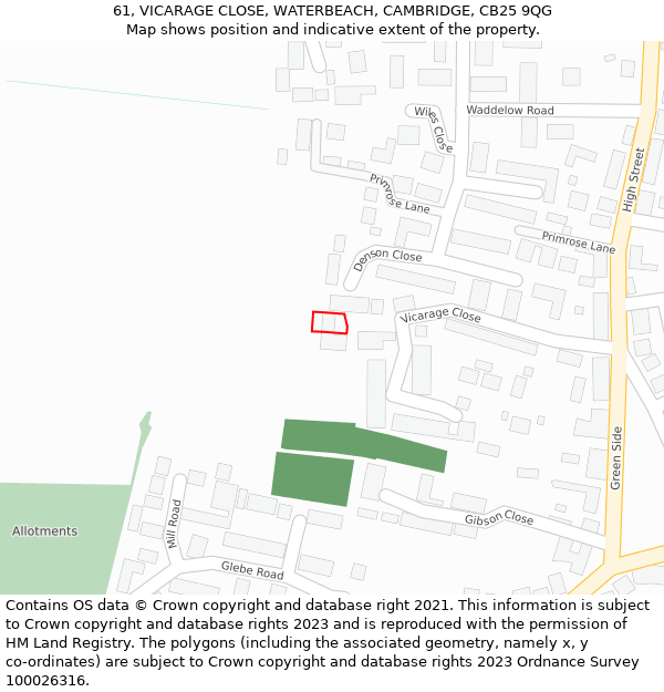 61, VICARAGE CLOSE, WATERBEACH, CAMBRIDGE, CB25 9QG: Location map and indicative extent of plot