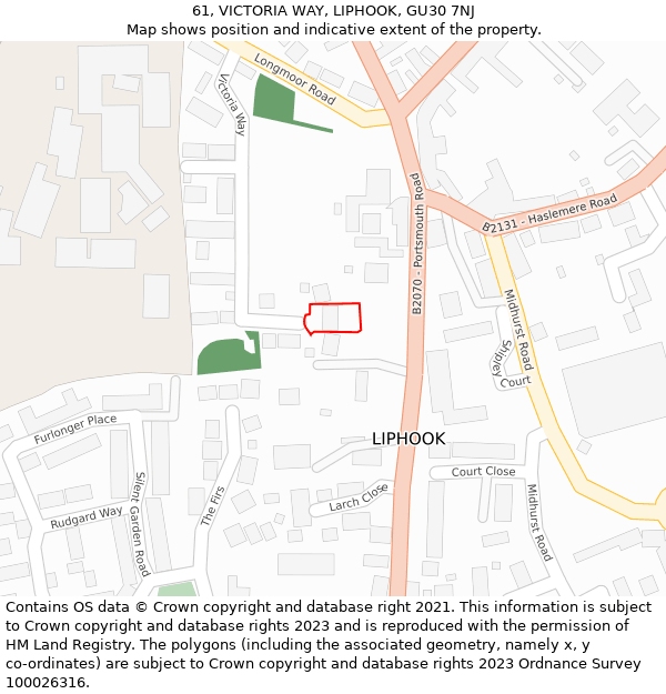 61, VICTORIA WAY, LIPHOOK, GU30 7NJ: Location map and indicative extent of plot