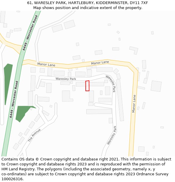 61, WARESLEY PARK, HARTLEBURY, KIDDERMINSTER, DY11 7XF: Location map and indicative extent of plot