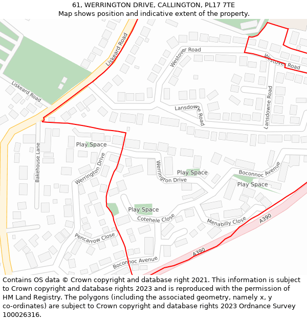 61, WERRINGTON DRIVE, CALLINGTON, PL17 7TE: Location map and indicative extent of plot