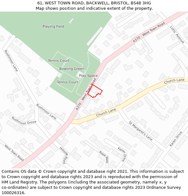 61, WEST TOWN ROAD, BACKWELL, BRISTOL, BS48 3HG: Location map and indicative extent of plot