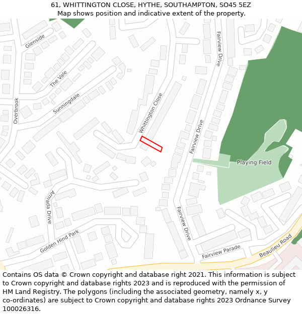 61, WHITTINGTON CLOSE, HYTHE, SOUTHAMPTON, SO45 5EZ: Location map and indicative extent of plot