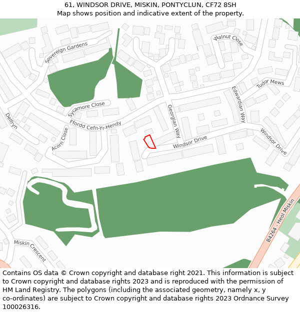 61, WINDSOR DRIVE, MISKIN, PONTYCLUN, CF72 8SH: Location map and indicative extent of plot