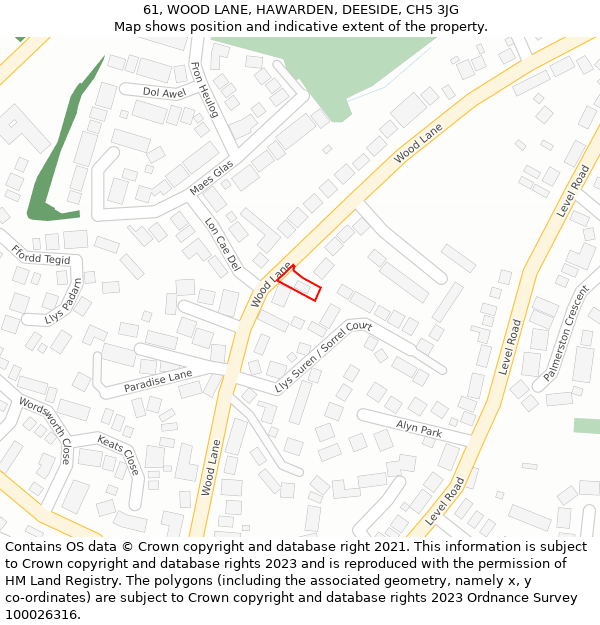 61, WOOD LANE, HAWARDEN, DEESIDE, CH5 3JG: Location map and indicative extent of plot