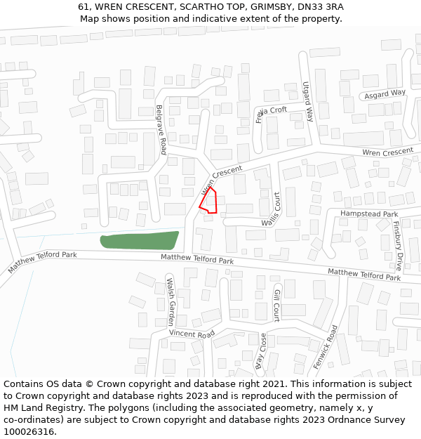 61, WREN CRESCENT, SCARTHO TOP, GRIMSBY, DN33 3RA: Location map and indicative extent of plot