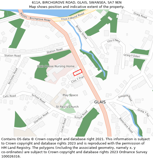 611A, BIRCHGROVE ROAD, GLAIS, SWANSEA, SA7 9EN: Location map and indicative extent of plot