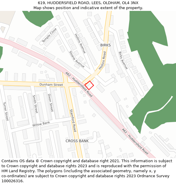 619, HUDDERSFIELD ROAD, LEES, OLDHAM, OL4 3NX: Location map and indicative extent of plot