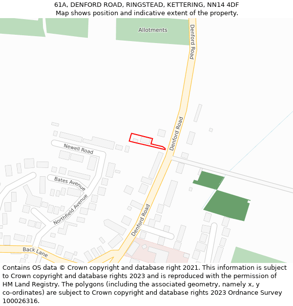 61A, DENFORD ROAD, RINGSTEAD, KETTERING, NN14 4DF: Location map and indicative extent of plot