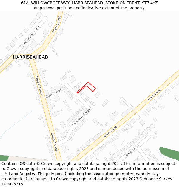 61A, WILLOWCROFT WAY, HARRISEAHEAD, STOKE-ON-TRENT, ST7 4YZ: Location map and indicative extent of plot