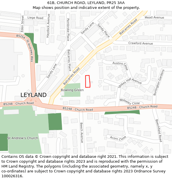 61B, CHURCH ROAD, LEYLAND, PR25 3AA: Location map and indicative extent of plot