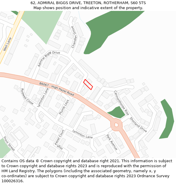 62, ADMIRAL BIGGS DRIVE, TREETON, ROTHERHAM, S60 5TS: Location map and indicative extent of plot