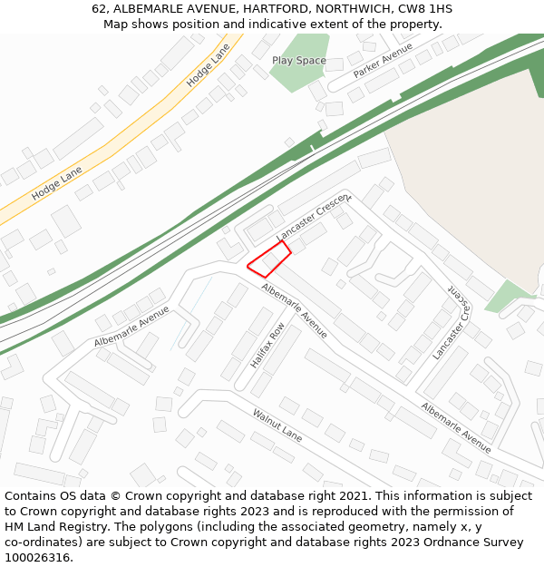 62, ALBEMARLE AVENUE, HARTFORD, NORTHWICH, CW8 1HS: Location map and indicative extent of plot