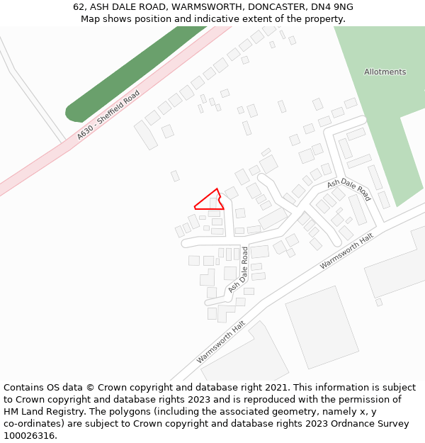 62, ASH DALE ROAD, WARMSWORTH, DONCASTER, DN4 9NG: Location map and indicative extent of plot