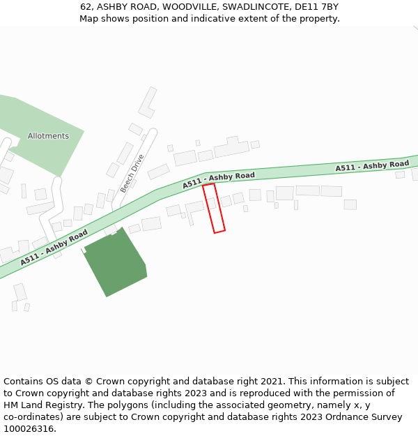 62, ASHBY ROAD, WOODVILLE, SWADLINCOTE, DE11 7BY: Location map and indicative extent of plot