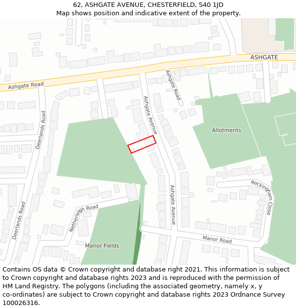 62, ASHGATE AVENUE, CHESTERFIELD, S40 1JD: Location map and indicative extent of plot