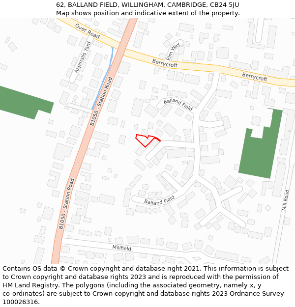 62, BALLAND FIELD, WILLINGHAM, CAMBRIDGE, CB24 5JU: Location map and indicative extent of plot