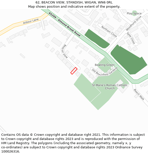 62, BEACON VIEW, STANDISH, WIGAN, WN6 0RL: Location map and indicative extent of plot