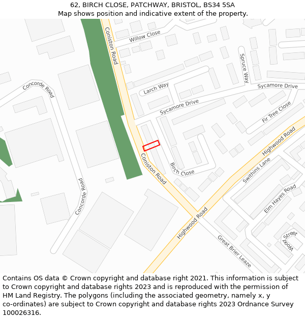 62, BIRCH CLOSE, PATCHWAY, BRISTOL, BS34 5SA: Location map and indicative extent of plot