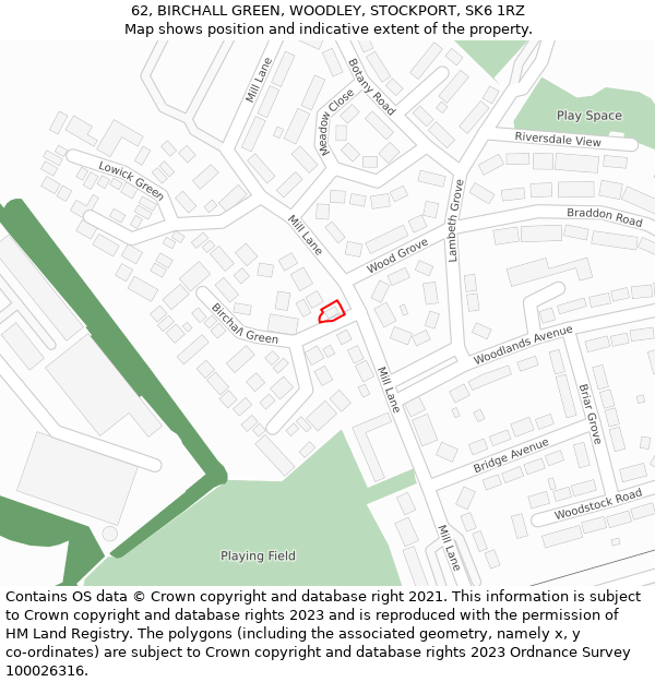 62, BIRCHALL GREEN, WOODLEY, STOCKPORT, SK6 1RZ: Location map and indicative extent of plot