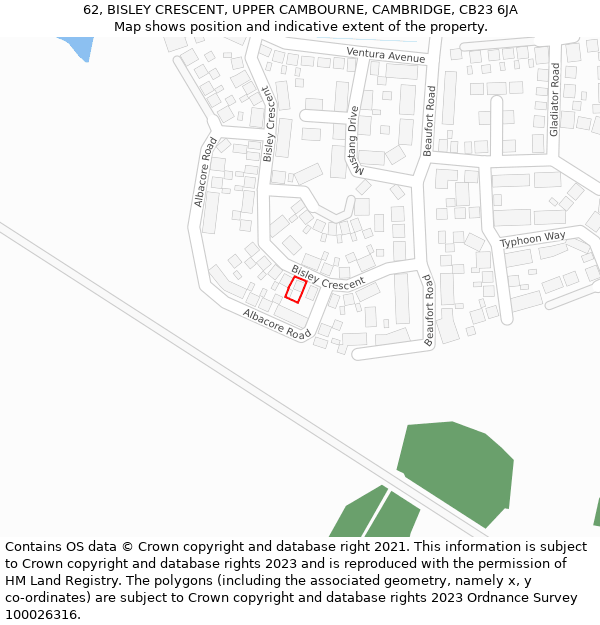 62, BISLEY CRESCENT, UPPER CAMBOURNE, CAMBRIDGE, CB23 6JA: Location map and indicative extent of plot