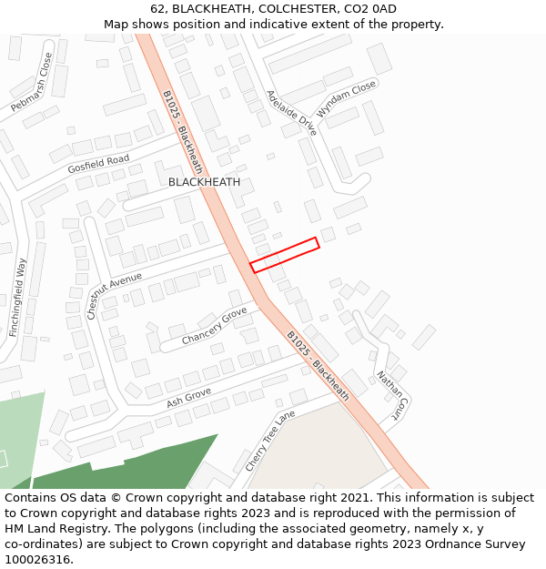 62, BLACKHEATH, COLCHESTER, CO2 0AD: Location map and indicative extent of plot