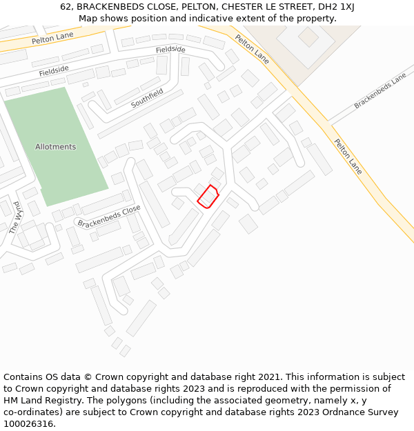 62, BRACKENBEDS CLOSE, PELTON, CHESTER LE STREET, DH2 1XJ: Location map and indicative extent of plot