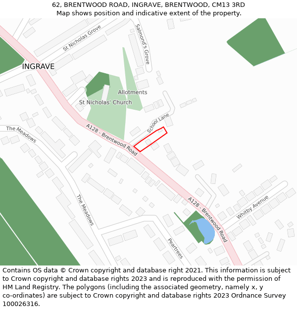 62, BRENTWOOD ROAD, INGRAVE, BRENTWOOD, CM13 3RD: Location map and indicative extent of plot