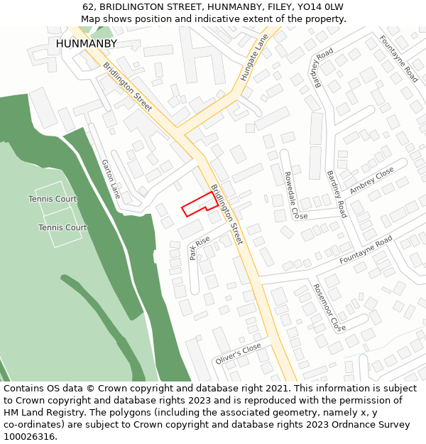 62, BRIDLINGTON STREET, HUNMANBY, FILEY, YO14 0LW: Location map and indicative extent of plot