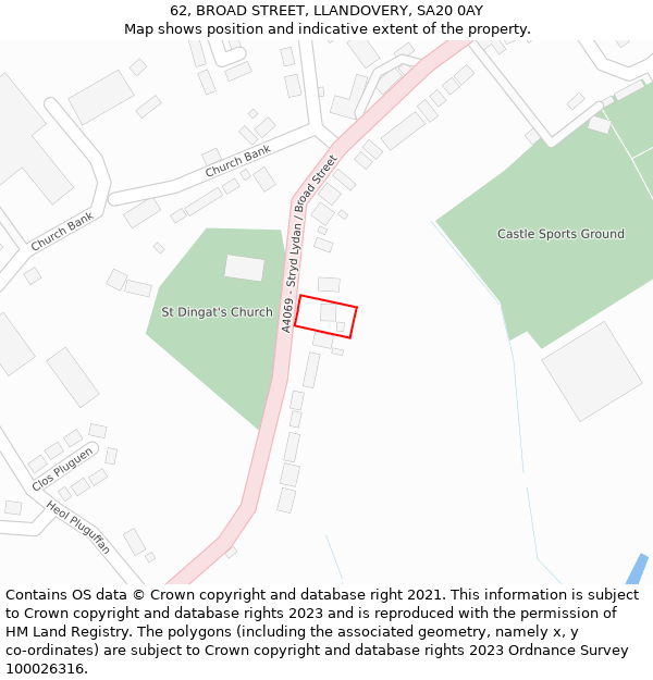 62, BROAD STREET, LLANDOVERY, SA20 0AY: Location map and indicative extent of plot