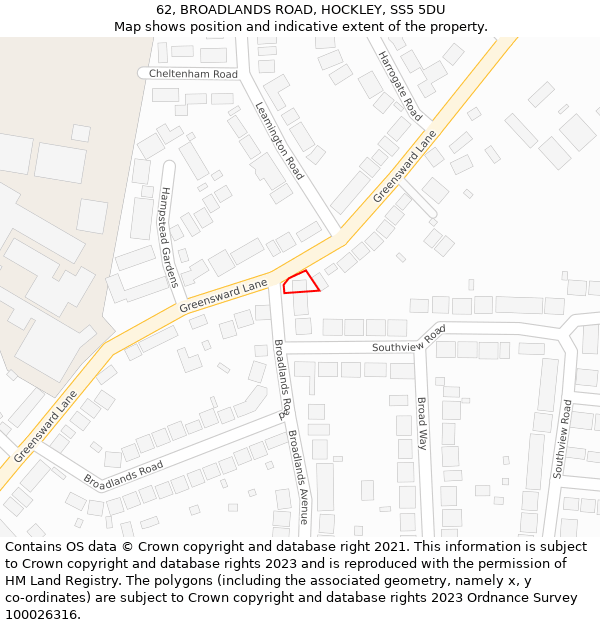 62, BROADLANDS ROAD, HOCKLEY, SS5 5DU: Location map and indicative extent of plot