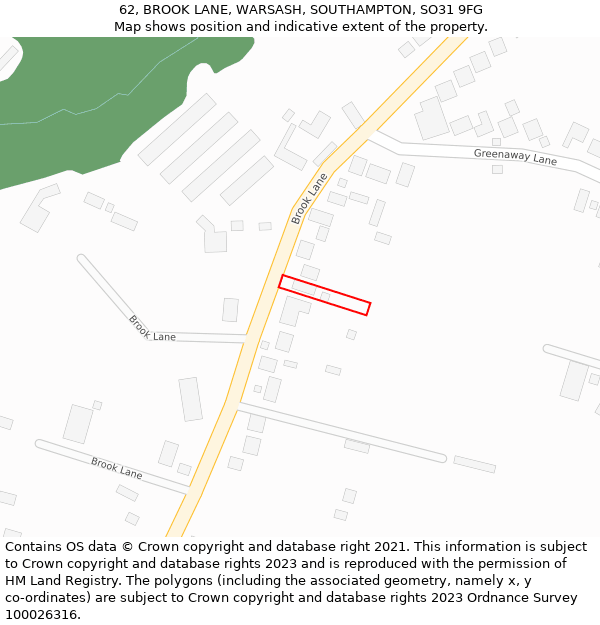 62, BROOK LANE, WARSASH, SOUTHAMPTON, SO31 9FG: Location map and indicative extent of plot