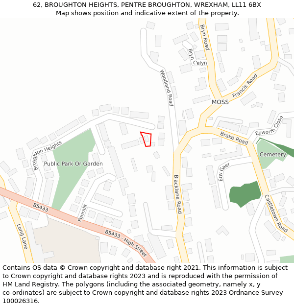 62, BROUGHTON HEIGHTS, PENTRE BROUGHTON, WREXHAM, LL11 6BX: Location map and indicative extent of plot