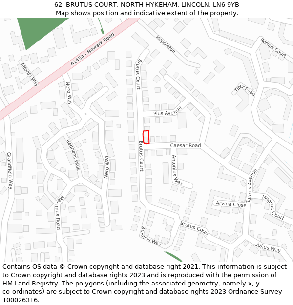 62, BRUTUS COURT, NORTH HYKEHAM, LINCOLN, LN6 9YB: Location map and indicative extent of plot