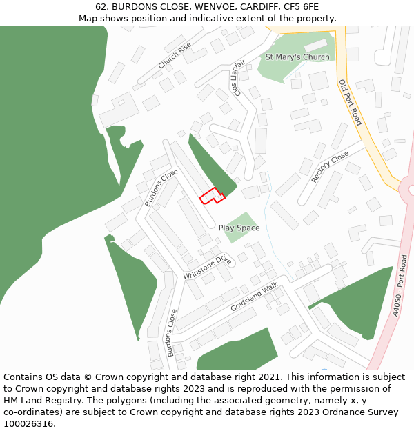 62, BURDONS CLOSE, WENVOE, CARDIFF, CF5 6FE: Location map and indicative extent of plot