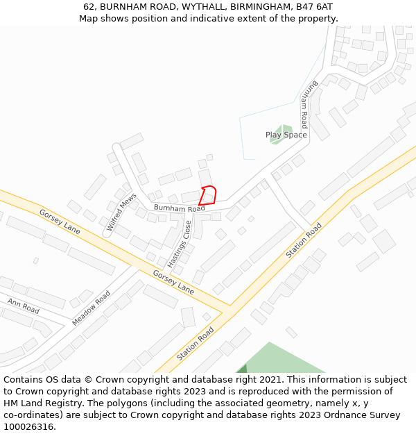 62, BURNHAM ROAD, WYTHALL, BIRMINGHAM, B47 6AT: Location map and indicative extent of plot