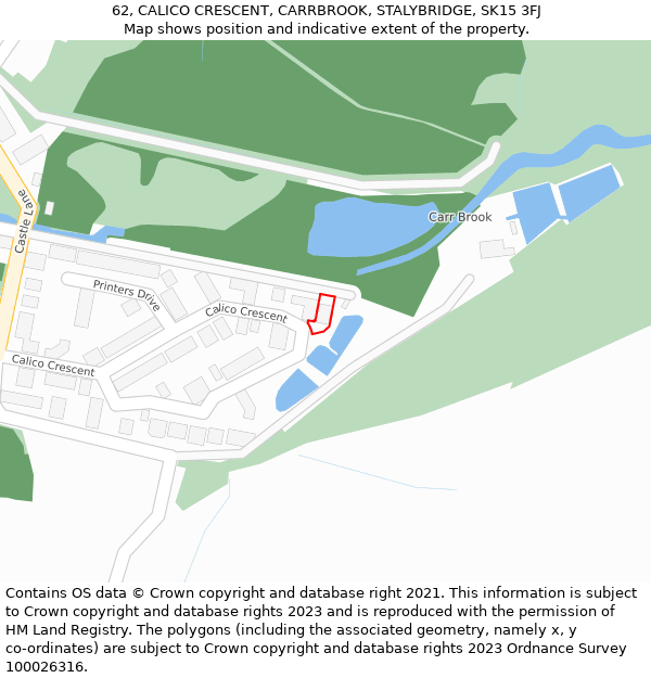 62, CALICO CRESCENT, CARRBROOK, STALYBRIDGE, SK15 3FJ: Location map and indicative extent of plot