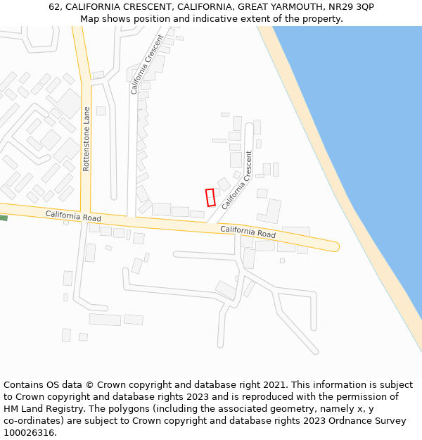 62, CALIFORNIA CRESCENT, CALIFORNIA, GREAT YARMOUTH, NR29 3QP: Location map and indicative extent of plot