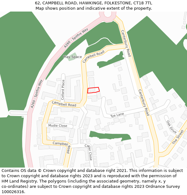 62, CAMPBELL ROAD, HAWKINGE, FOLKESTONE, CT18 7TL: Location map and indicative extent of plot