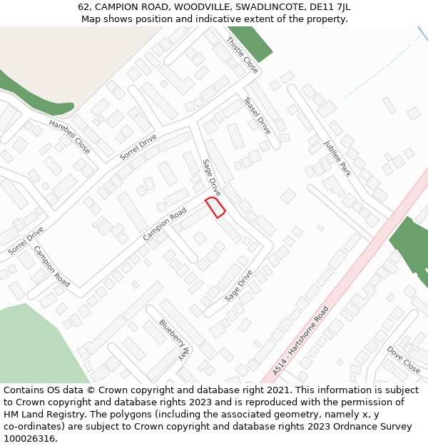 62, CAMPION ROAD, WOODVILLE, SWADLINCOTE, DE11 7JL: Location map and indicative extent of plot