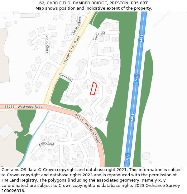 62, CARR FIELD, BAMBER BRIDGE, PRESTON, PR5 8BT: Location map and indicative extent of plot