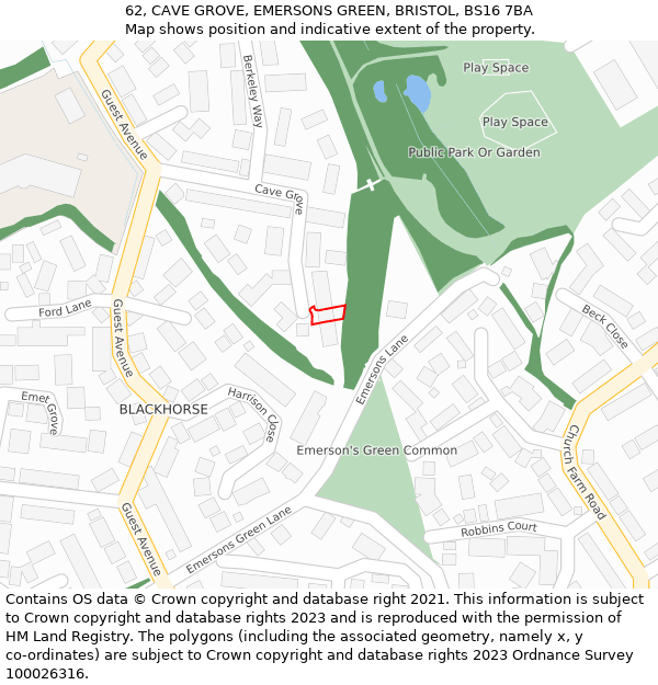 62, CAVE GROVE, EMERSONS GREEN, BRISTOL, BS16 7BA: Location map and indicative extent of plot