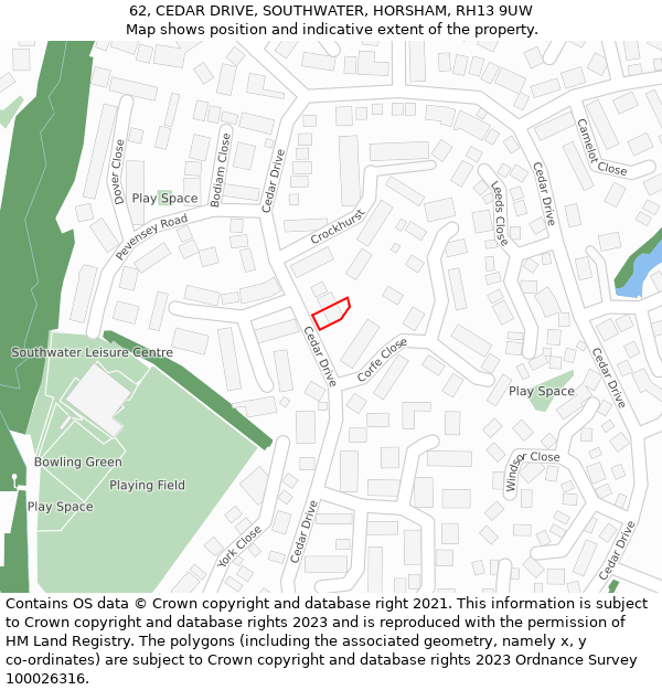 62, CEDAR DRIVE, SOUTHWATER, HORSHAM, RH13 9UW: Location map and indicative extent of plot