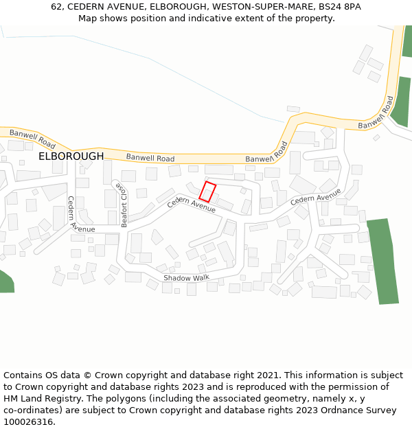 62, CEDERN AVENUE, ELBOROUGH, WESTON-SUPER-MARE, BS24 8PA: Location map and indicative extent of plot