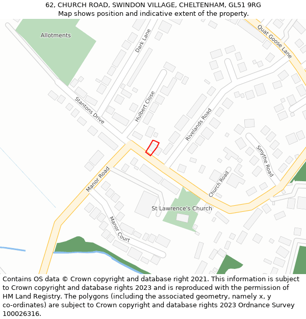 62, CHURCH ROAD, SWINDON VILLAGE, CHELTENHAM, GL51 9RG: Location map and indicative extent of plot