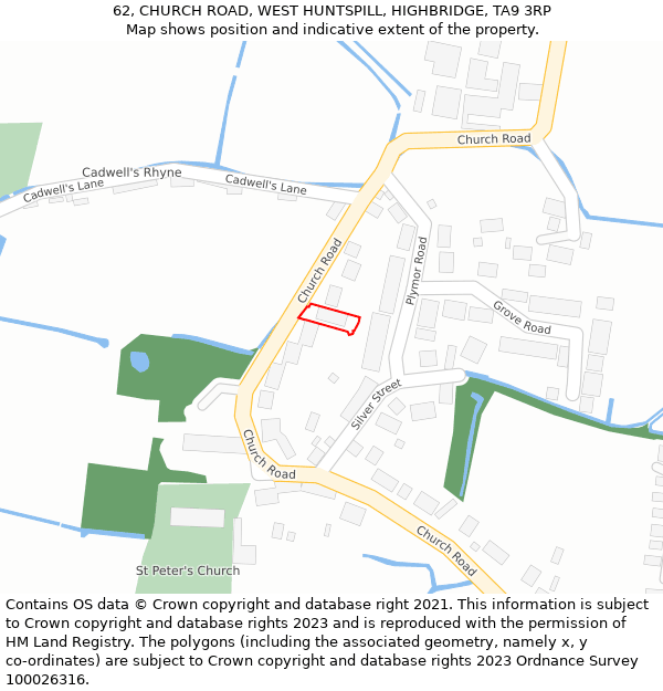 62, CHURCH ROAD, WEST HUNTSPILL, HIGHBRIDGE, TA9 3RP: Location map and indicative extent of plot