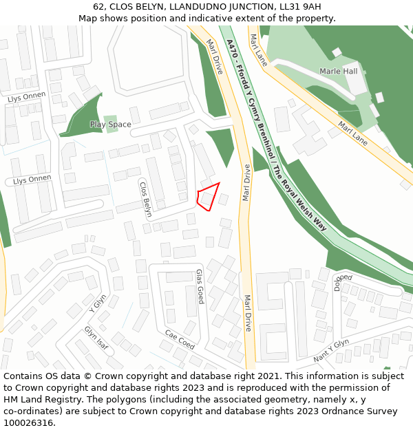 62, CLOS BELYN, LLANDUDNO JUNCTION, LL31 9AH: Location map and indicative extent of plot