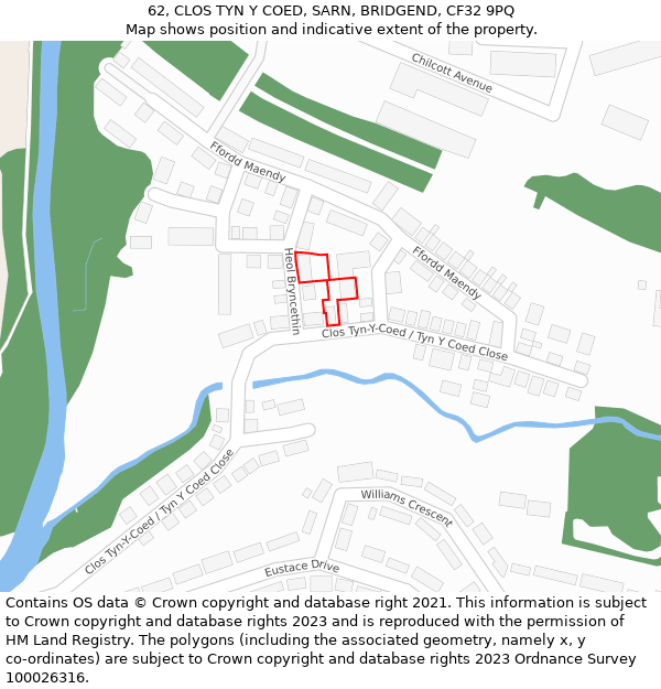 62, CLOS TYN Y COED, SARN, BRIDGEND, CF32 9PQ: Location map and indicative extent of plot