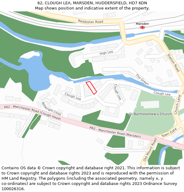 62, CLOUGH LEA, MARSDEN, HUDDERSFIELD, HD7 6DN: Location map and indicative extent of plot
