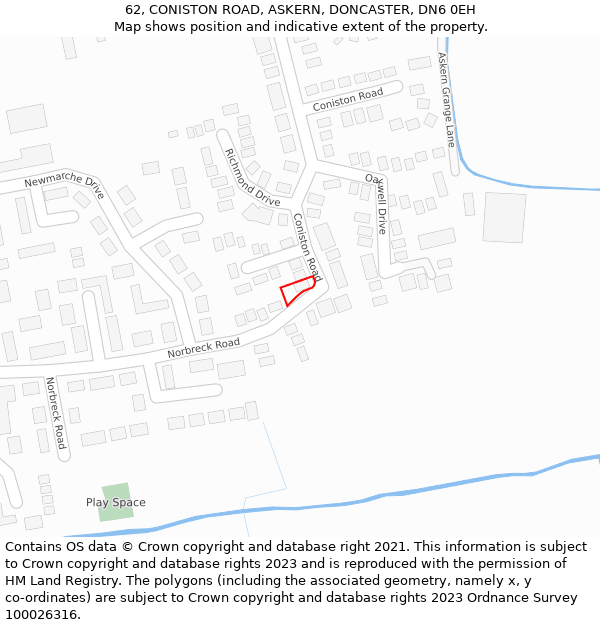 62, CONISTON ROAD, ASKERN, DONCASTER, DN6 0EH: Location map and indicative extent of plot
